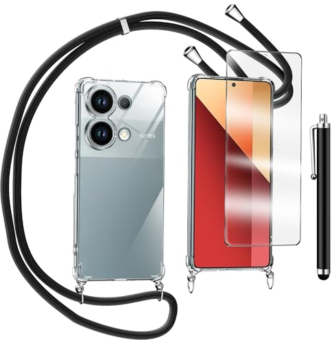 Handykette für Xiaomi Poco M6 Pro 4G/Redmi Note 13 Pro 4G Hülle mit Displayschutzfolie Schutzfolie, Necklace mit Abnehmbar Kordel zum Umhängen Transparent Silikon Schutzhülle mit Band in Schwarz