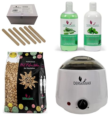 Dermawax Profi Waxing Set zur Haarentfernung 1000 ml Wachswärmer Made in Spanien 1 kg Gold Wachsperlen 500 ml Aloe Vera Vorbehandlungslotion 500 ml Menthol Nachbehandlungsmilch 200 Stück Holzspatel