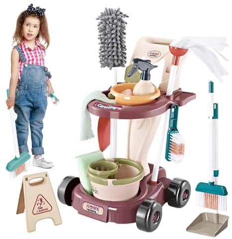 Juego de Limpieza para Niños - Set de Higiene del Hogar Con Carrito de Herramientas, Aspiradora de Juguete y Accesorios