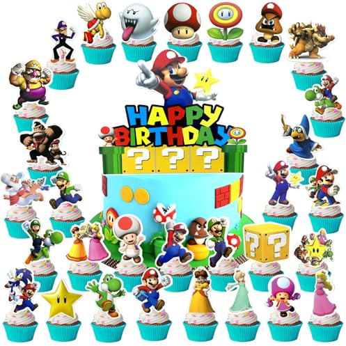 Mario Tortendeko, Mario Kuchen Deko, 31PCS Mario Cake Topper, Mario Kuchen Deko, Tortenaufleger, Cartoon Deko Torte, Cake Decoration für Geburtstag Deko