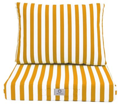 Déco Arts 2 Kissen, abnehmbarer Bezug, gelbe Streifen, für Gartenmöbel, Premium-Komfort, UV-Schutz, Sitzfläche: 60 x 60 cm, Rückenlehne: 35 x 60 cm