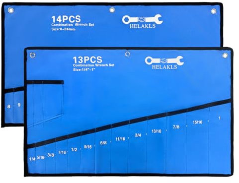 HELAKLS 2 x Rolltasche für Schraubenschlüssel, Organizer, Werkzeugtasche, 14 Taschen, metrisch + 13 Taschen, SAE