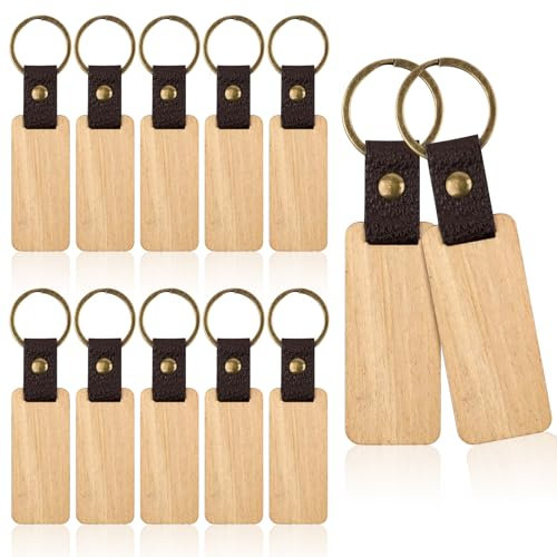 Maxmoc 12 Stück Schlüsselanhänger Holz,Blanko Schlüsselanhänger,Leder Wooden Schlüsselringe Personalisierter Für Lasergravur,DIY Verschiedene Schlüsselanhänger