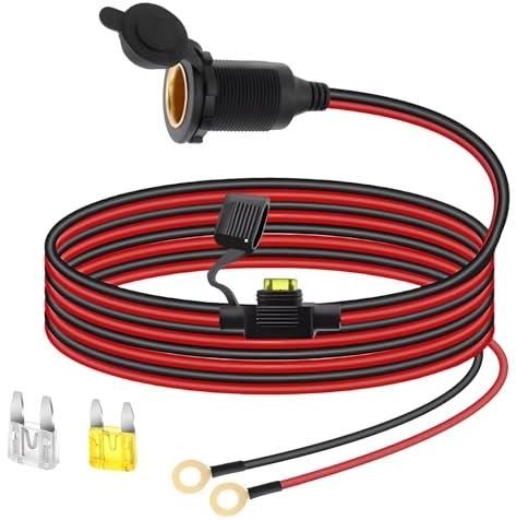 Fixed Cigarette Socket,12V-24V Car Cigarette Lighter Extension Cable 16AWG Car Cigarette Lighter Socket to O Ring Terminals Extension Cord 2M 2.5mm² Cable with 25A Fuse for Car, Tractor,Boat