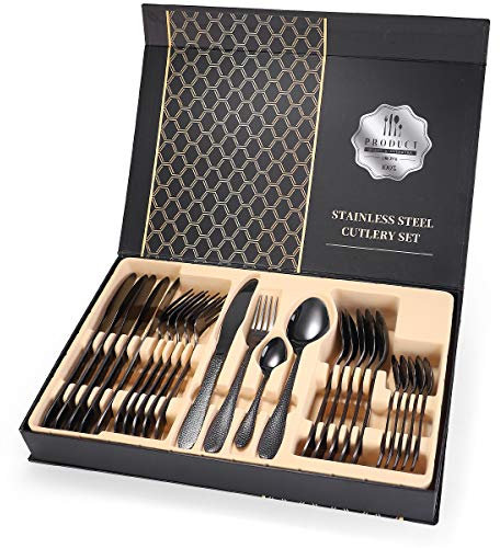 CVNIMV Besteckset, 24-teiliges Geschirrset aus Edelstahl mit gehämmerten Griffen, Messer, Gabel, Löffel, Geschenkbox, Home-Hotel-Zubehör