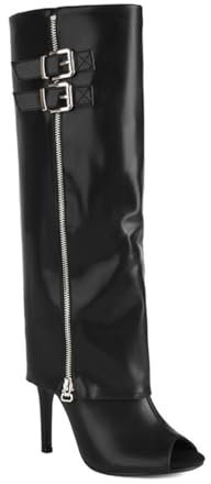 WOkismD Stivali Alti al Ginocchio da Donna, Stivali Alti al Ginocchio con Risvolto, Stiletto, Tacchi Alti, Stivali Lunghi, Cerniera, Punta Aperta, Fibbia, Stivali Alti da Donna,Nero,39