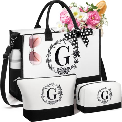 FLOE Personalized Christmas Gifts for Women Initial Canvas Tote Bag & Makeup Bags Monogrammed Birthday Gifts for Women