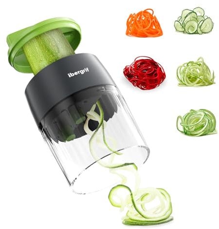 Ibergrif M522 Spiralschneider Gemüse, Verbesserter Zucchini Spaghetti Schneider Zucchini Spiralschneider BPA-Frei Spülmaschinenfest, 4 in 1 Gemüse Spiralschneider für Zucchini, Gurken, Kartoffeln