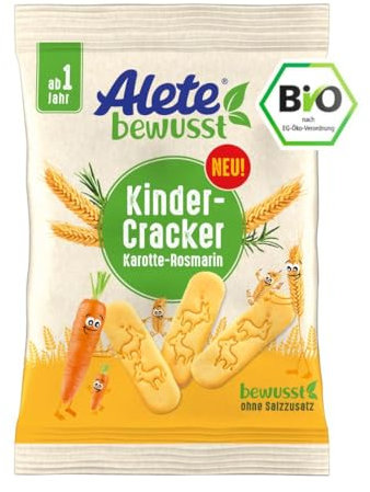 Alete bewusst Bio Kinder-Cracker mit Karotten- und Rosmarinpulver – Ab 1 Jahr – Ohne Salz- und Zuckerzusatz, Bio-Qualität, 30 g Packung