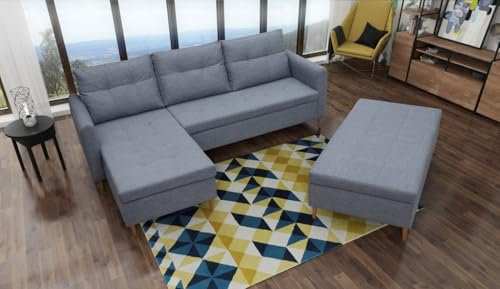Gepolstertes Ecksofa Areo Modernes Ecksofa mit Stauraum, Freistehend Holzbeine Komfortschaum Polsterung Linksseitige Anordnung Ohne Schlaffunktion, Grau, Size: 89x229x153 cm