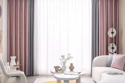 Tolldek 2er Gardinen Vorhang Deko, Vorhang Junge Kinderzimmer Patchwork Zweifarbig, Chenille Ösen Vorhänge Gardinen für Deko Wohnzimmer Schlafzimmer, B 107 x H 132cm, Rose Grau