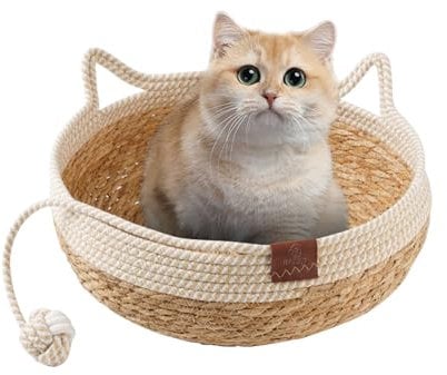 Maisly Letto naturale per gatti in paglia per animali domestici, per tutte le stagioni, con una palla da gioco per gatti e cani di piccola taglia fino a 22 kg, rotondo