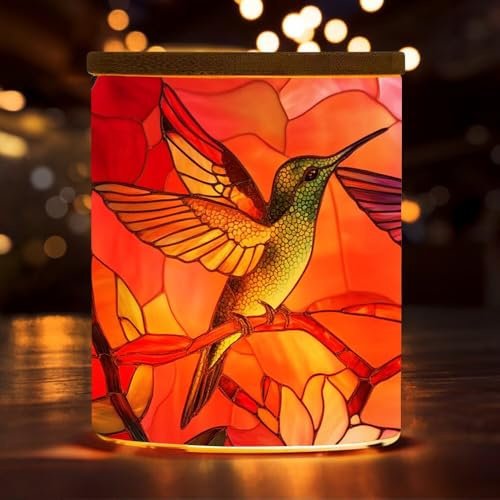 Stained Glass Hummingbird Candle Jar with Tea Light, Colorful Bird Flower Tealight Candle Holders with Battery Operated,Trinket Jar Inspiration Tea Light Holder for Home Decoration
