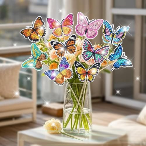 10 Stück Diamond Painting Schmetterling Sets, Gartenstecker Diamond Painting für Kinder und Erwachsene, DIY Diamond Schmetterling Deko für Garten Balkon, Basteln Diamont Painting Geschenk für Frauen