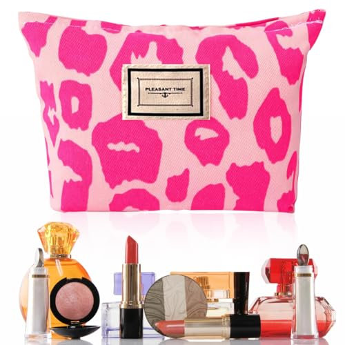 WeddHuis Kosmetiktasche mit rosa Leopardenmuster für Damen,großes Fassungsvermögen,Canvas-Make-up-Taschen,Damen-Handtaschen,Geldbörsen,Reisen,Kulturbeutel,Zubehör,Organizer(rosa)