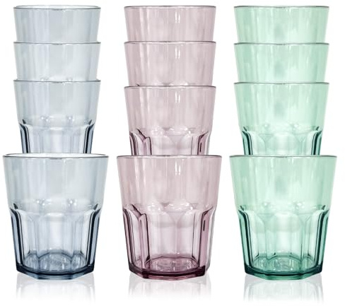 Henrrida Camping Gläser Unzerbrechlich Diamond Design Gläser - 12er Set - CocktailGläser Plastik Gläsers Bunt Hartplastik Becher Spülmaschinenfest - Stapelbar (270ml)