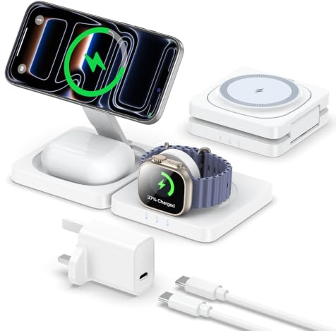 3 in 1 Wireless Charging Station for Apple, ADADPU Foldable Magnetic Wireless Charger for iPhone 17 16 15 14 13 12 Series, Apple Watch And AirPods, Portable Travel Charger Stand, 20W Adapter Included