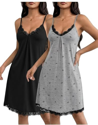Ekouaer 2 Pack Nighties for Women Lace Trims Chemise Nightdresses V Neck Bow Gray+Black 2XL