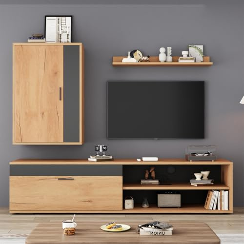 Generisch Ensemble De Meuble TV De 140*35*39 Cm Debout Et Suspendu (Ensemble Complet, 3 Pièces), Incluant Un Meuble TV, Une Étagère Debout Et Une Étagère Murale, Meuble TV Moderne, Couleur Bois Noir