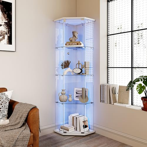 DADEA Vitrine d'angle de salon avec verre, vitrine en verre, 4 étagères avec lumières LED et serrure, vitrine en verre, colonne d'exposition pour collectionneur, salon, magasin