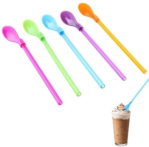 Vmoomax Reusable Plastic Slush Straws with Spoon,5Pcs 2 in 1 Colored Drinking Straws for Milkshakes Smoothies Coffee Cocktails Juice, Dishwasher Safe (5 Color)