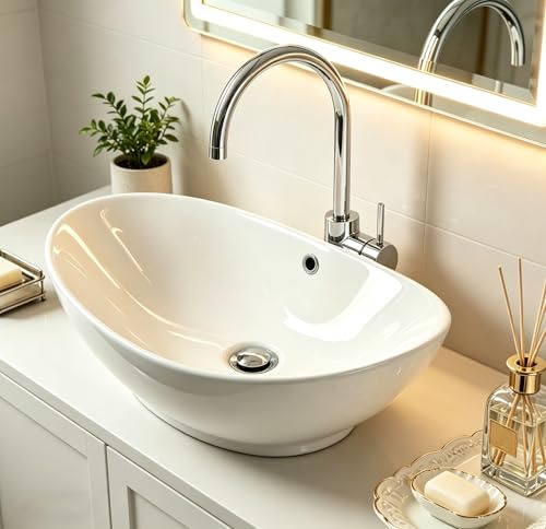 NUESTRA VIDA Aufsatzwaschbecken Oval aus Keramik 58,5 x 38,5 x 19,5 cm Weiß – Waschbecken mit Überlauf & Lotuseffekt durch Nanoversiegelung fürs Badezimmer