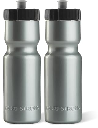 50 Strong Sports Squeeze Water Bottle 2 Pack 22 oz. BPA Free Easy Open Push/Pull Cap USA Made (Silver)