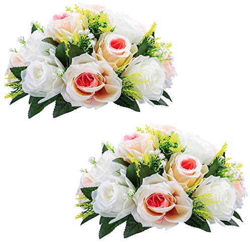 Lot de 2 Bouquets de fleurs artificielles, 15 roses en plastique avec base, pour centre de table de mariage, décoration de Saint-Valentin/d’intérieur, compositions florales, Champagne rosé et Blanc