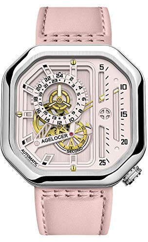 Agelocer Top-Marke für Damen, automatisch, mechanisch, quadratisch, modisch, Punk, leuchtend, analog, Luxusuhr (5808A8 Pink), 5808a8 Pink, Armband