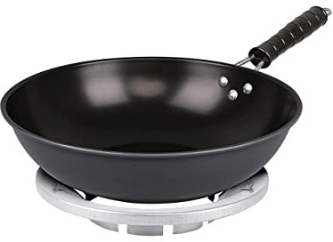 Homiu Wok antiadhésif avec support, 30 cm en acier au carbone avec poignée nervurée résistante à la chaleur, corps robuste et poignée rivetée, pour cuisinière à gaz, électrique, céramique et halogène