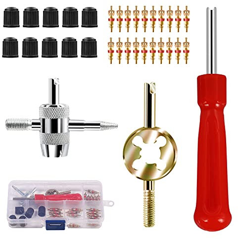 AIEX 33pcs Car Tyre Valve Repair Tool Sets Valve Stem Removal Tools Including 20pcs Valve Cores 10pcs Valve Caps 1pc Single-Head Valve Core Remover 1pc Dual Head Valve Tool 1pc 4-Way Valve Tool