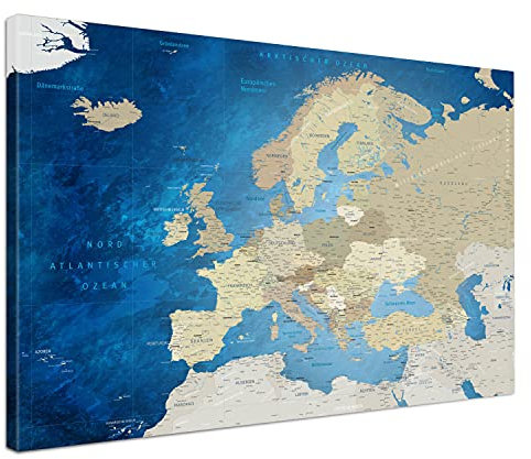 LANA KK - Premium Pinnwand Europakarte - Meerestiefe - Deutsch - in 80 x 60 cm, stabile Rückwand zum Pinnen inkl. Starterkit - Leinwand-Kunstdruck Wandbild Landkarte XXL