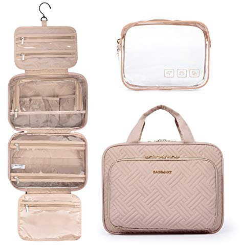 BAGSMART Toiletry Bag Hanging Travel Makeup Organizer with TSA Approved Transparent Cosmetic Bag Makeup Bag for Full Sized Toiletries, Large-Pink