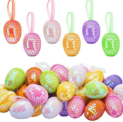 Glitzer-Ostereier zum Aufhängen – bunte Pailletten-Osterei-Ornamente, glänzende Schaumstoff-Hängeeikugeln für Osterbaum, Weihnachten, Zuhause, Party, Basteln, Dekoration, Größe S, 30 Stück