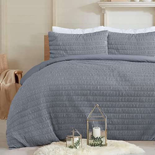 Sleepdown Seersucker Embossed Geometric Textured Charcoal Grey Duvet Cover Quilt Pillow Cases Bedding Set Soft Easy Care - King (230cm x 220cm)