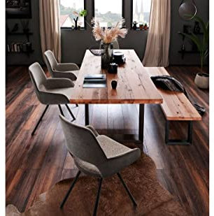 expendio Essgruppe Carson Wildeiche massiv 180x76x100 cm + Bank Carson + Sessel Petra 1 Melange Esszimmer Tischgruppe