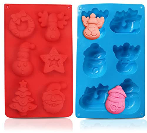 HONGECB Weihnachten Silikon Formen, Weihnachten Seifenform, Weihnachts-Fondant-Formen, Silikon-Förmchen, mit Form von Schneemann, Rentier, Schlitten, Weihnachtsmann, für Backen, 2 Stück, Blau, Rot
