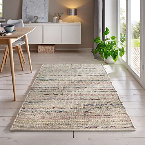 Handweb-Teppich aus Schurwolle in Skandinavischem Landhaus Design in vielen aktuellen Farben für Wohnzimmer, Esszimmer, Schlafzimmer, Flur, auch als Läufer beidseitig verwendbar bunt 070x240 cm