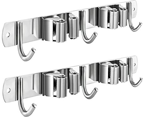 2 ganchos para escobas y fregonas, soporte de pared de acero inoxidable, soporte de pared para escoba, gancho de escoba, organizador de escoba resistente para colgar en la pared, estante de escoba