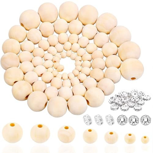 Yholin Holzperlen 1050 Stück Natur Holzperlen zum Auffädeln für Makramee, 7 Größen 6mm, 8mm, 10mm, 12mm, 14mm, 16mm, 20mm Holzkugeln mit Rondelle Spacer Perlen Bastelnperlen für DIY Schmuck Handwerk
