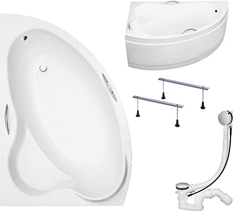 KOLMAN Badewanne ADA Eckbadewanne 160x100 Links mit AcrylSchürze, Ablaufgarnitur und Füßen Komplettset 4in1 Premium Original Acryl Wanne Siphon