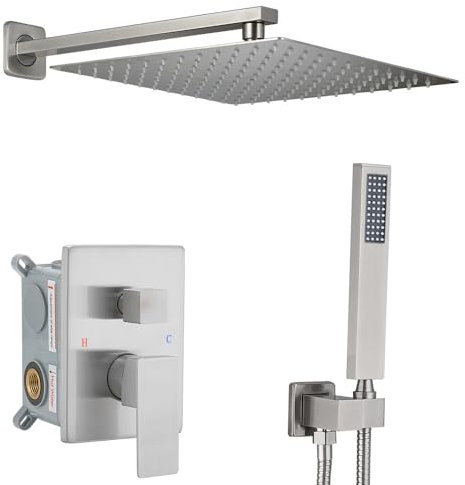 YCAIKOI Duscharmatur-Set komplett, Wandhalterung, Duschsystem für Badezimmer, 30,5 cm, Hochdruck-Regendusche mit Handheld, rauem Ventilkörper und Verkleidungsset, gebürstetes Nickel