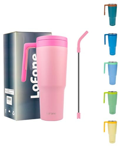 LoFone 1180 ML - 40 OZ Thermobecher aus Edelstahl,Kaffeebecher to Go, Trinkbecher mit Strohhalm, Henkel und Deckel, für Auto Büro heißen und kalten Kaffee Wasser und Tee(Rosa)