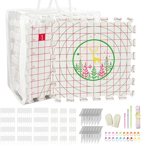 Spannmatten Premium Set – 9 Extra Dicke Blockierbretter mit Gittern mit 24 Knitting Blockers, 200 T-Nadeln, 20 Maschenmarkierern, 3 Kunststoffnadeln und Maßband für Stricken Häkeln Handarbeiten Lace