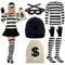 SHAWINKLE Bankräuber Kostüm Damen,Strickmütze,Maske,Handschuhe,Geldbeutel,Kniestrümpfe,T-Shirt,Räuber Kostüm Für Halloween Karneval Cosplay