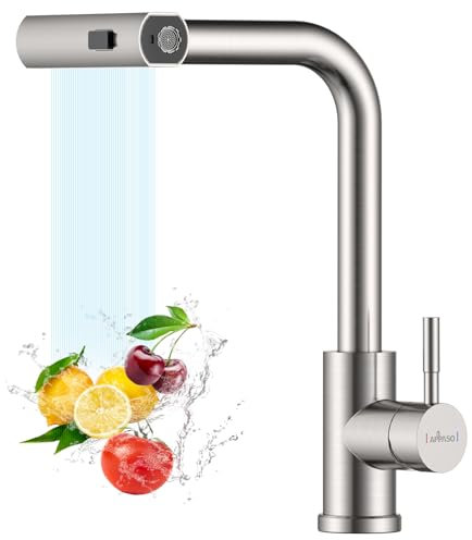 APPASO Waterfall Wasserhahn Küche Ausziehbar, Waterfall Hochdruck Küchenarmatur mit Bruase 360° Drehbar, Spültischarmatur mit 3 Strahlarte, Armatur Küche Wasserfall Edelstahl Gebürstet