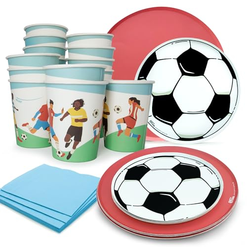 PARTY PARTY 68 Teile Fußball Party Set Rot 16 Gäste, EM PARTYGESCHIRR Partybecher, Pappteller, Fußball Partyteller, Servietten, Fußballparty Geburtstag Fußball Deko Jungen Mädchen