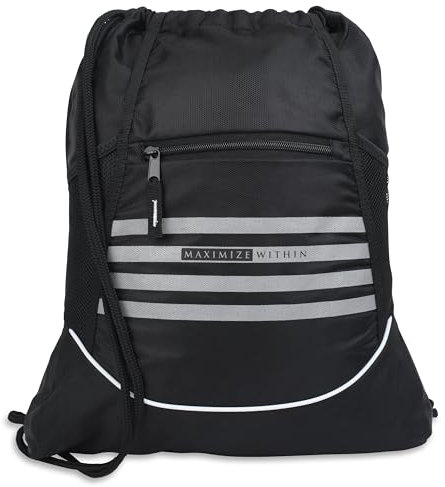 Maximize Within Sackpack - Mochila de gimnasio con cordón, talla única, unisex, resistente al agua, con bolsillos laterales de malla, color negro, Negro -, L, Negro
