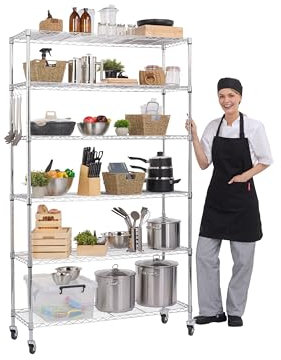 The Workplace Depot Large Wire Storage Unit, 5 Tier Shelving Unit with Height Adjustable Shelves for Garage, Kitchen, Home (Chrome, With Wheels)