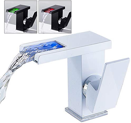 BAOCHADA Waschtisch Armatur Wasserfall mit RGB 3 Farbwechsel LED Wasserhahn Bad Waschbecken Einhandmischer(Weiß)